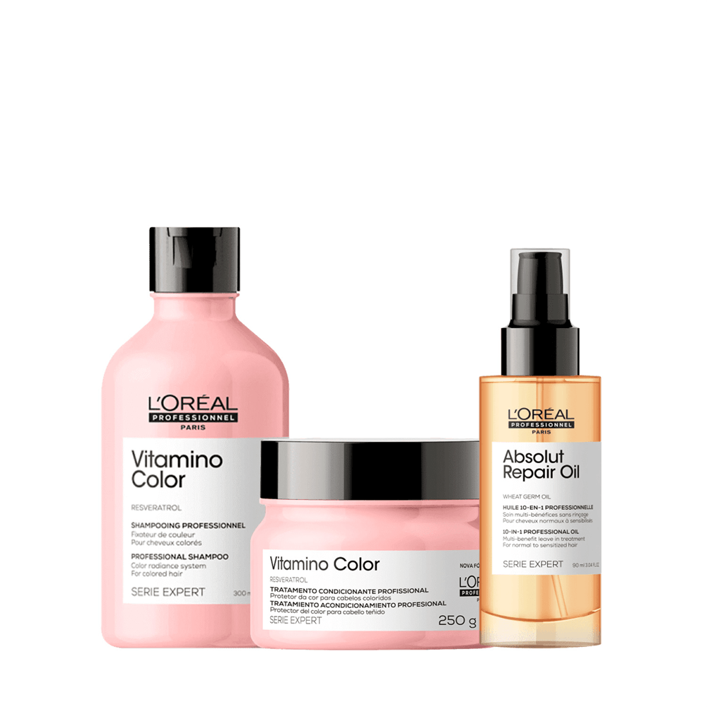 Kit L'Oréal Professionnel Shampoo Vitamino Color 300ml + Máscara Capilar Vitamino Color 250g + Leave-in Absolut Repair Oil 90ml