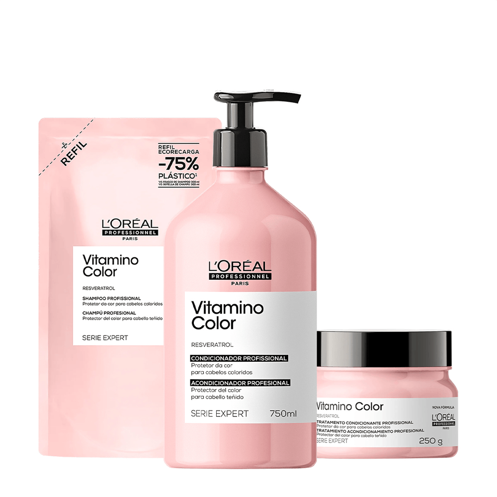 Kit Vitamino Color L'oréal Professionnel Refil Shampoo 240ml + Condicionador 750ml + Máscara Capilar 250ml