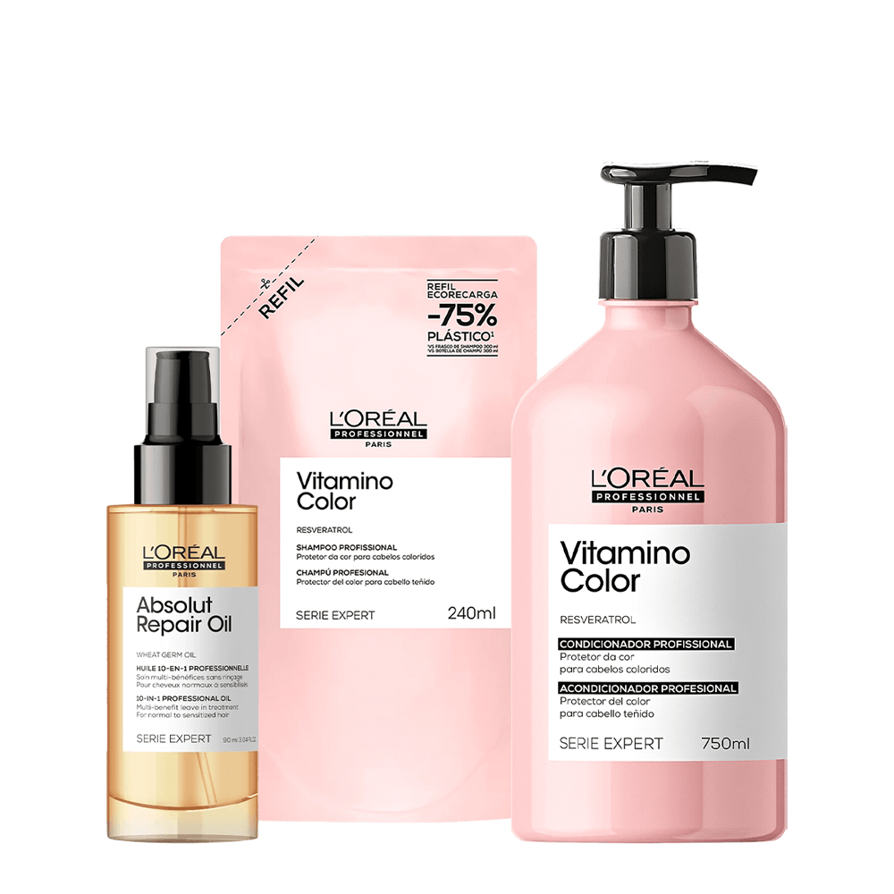 Kit L'oréal Professionnel Refil Shampoo Vitamino Color 240ml + Condicionador Vitamino Color 750ml + Óleo Reparador Absolut Repair Gold Quinoa 90ml