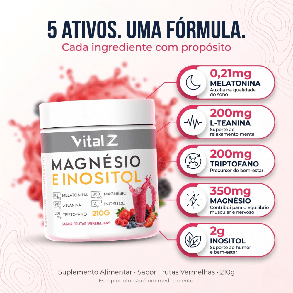kit Vital Z 2x Magnésio e Inositol + Mixer 210g Sabor Frutas Vermelhas
