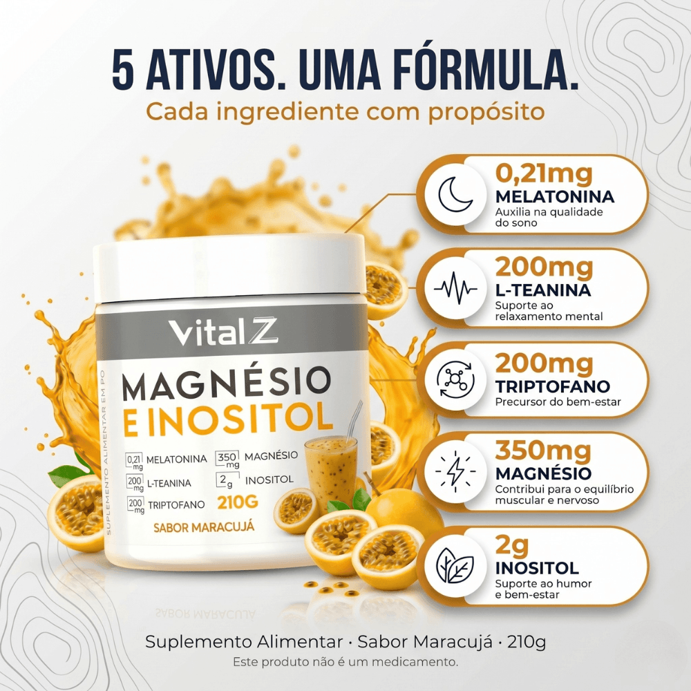 Kit 2x Magnésio e Inositol + Mixer Vital Z Sabor Maracujá 210g