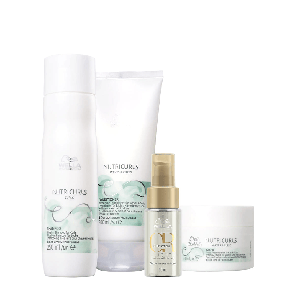 Kit Wella Professionals Shampoo Nutricurls 250ml + Condicionador Nutricurls 200ml + Máscara Nutricurls 50ml + Óleo Reflections 30ml