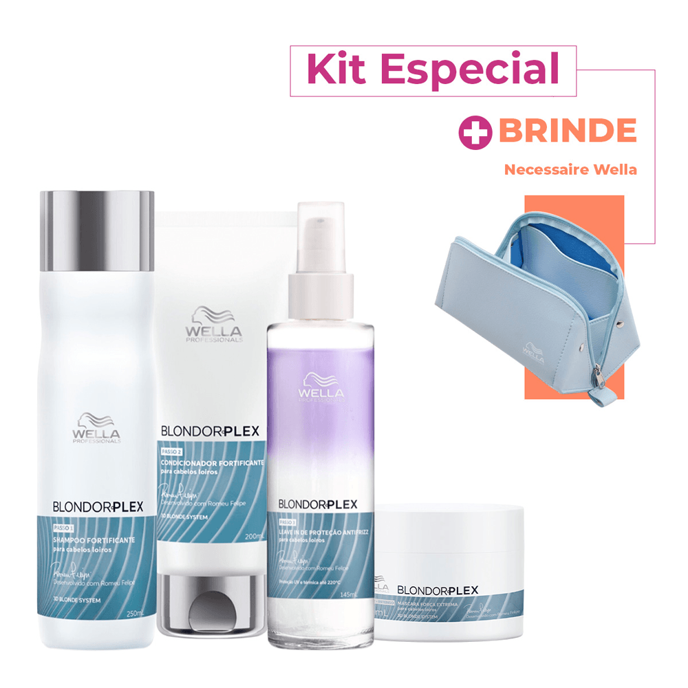 Kit Blondorplex Wella Professionals Shampoo 250ml + Condicionador 200ml + Máscara Capilar 150ml + Leave-in 145ml + Necessaire Azul
