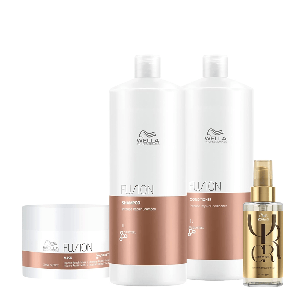Kit Wella Professionals Shampoo Fusion 1L + Condicionador Fusion 1L + Máscara Fusion 150g + Óleo Capilar Oil Reflections Luminous 100ml