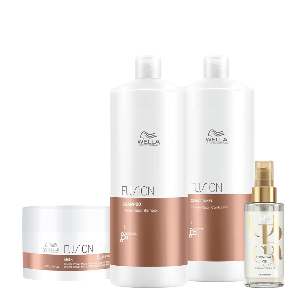 Kit Wella Professionals Shampoo Fusion 1L + Condicionador Fusion 1L + Máscara Reconstrutora Fusion 150g + Óleo Capilar Oil Reflections Luminous 100ml