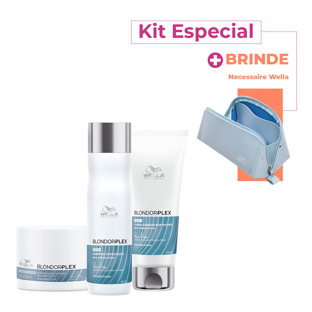 Kit Blondorplex Wella Professionals Shampoo 250ml + Condicionador 200ml + Máscara Capilar 150ml + Necessaire Azul