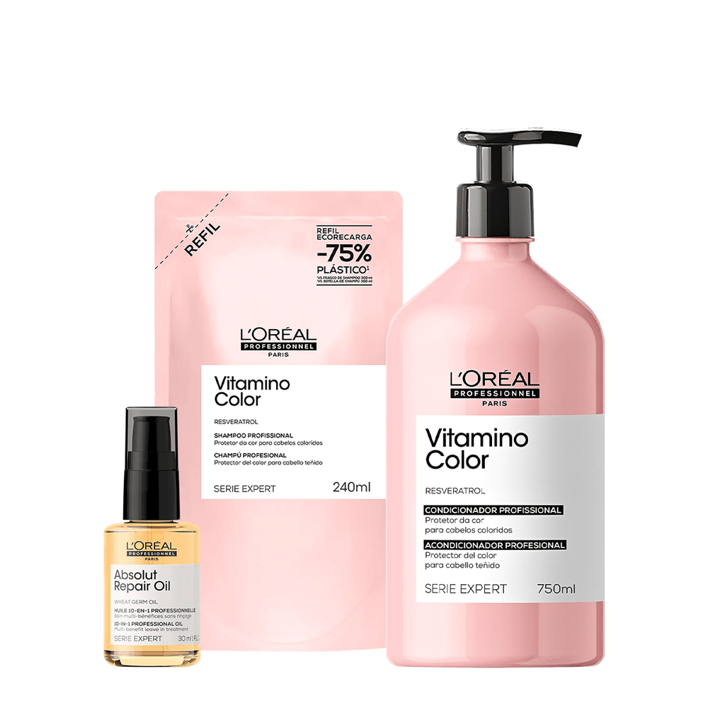 Kit Vitamino Color L'oreal Professionnel Refil Shampoo 240ml + Condicionador 750ml + Óleo Reparador 30ml