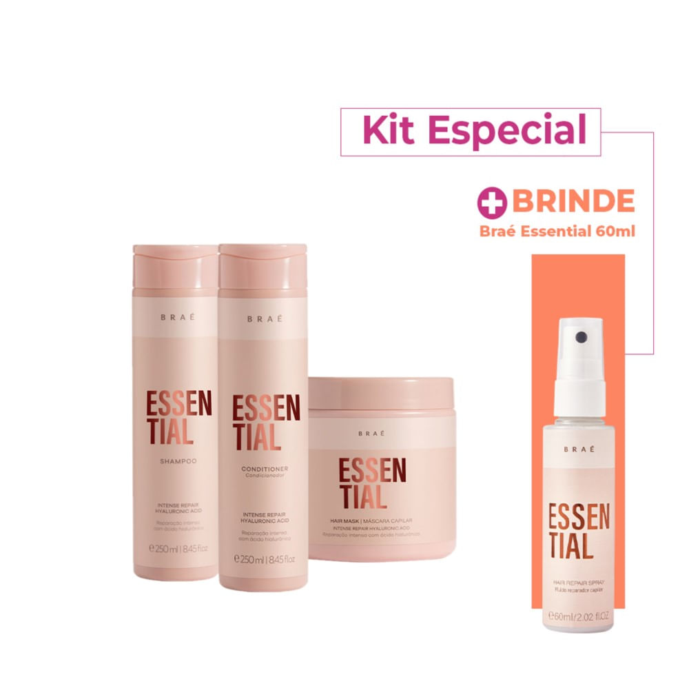Kit Braé Shampoo 250ml + Condicionador 250ml+ Máscara 500g+ Hair Spray Essential 60ml