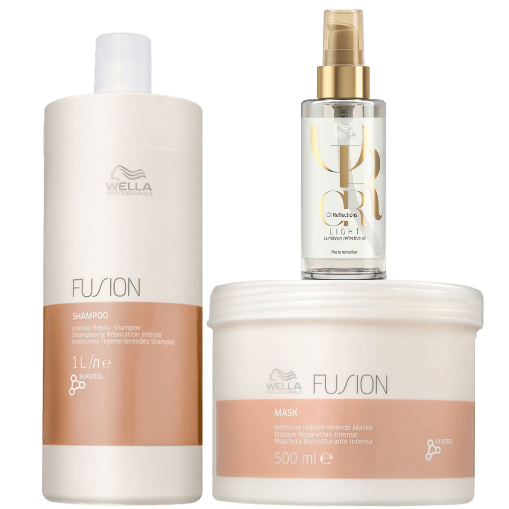 Kit Wella Professionals Shampoo Fusion 1L + Máscara Fusion 500ml + Oil Reflections Light 100ml