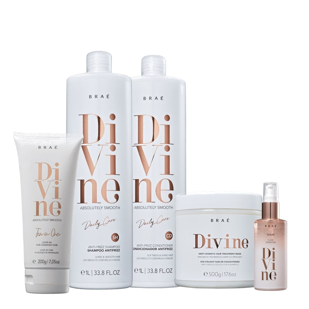 Kit Divine Braé Shampoo 1l + Condicionador 1l + Máscara 500g + Leave-in 200g+ Sérum 60ml