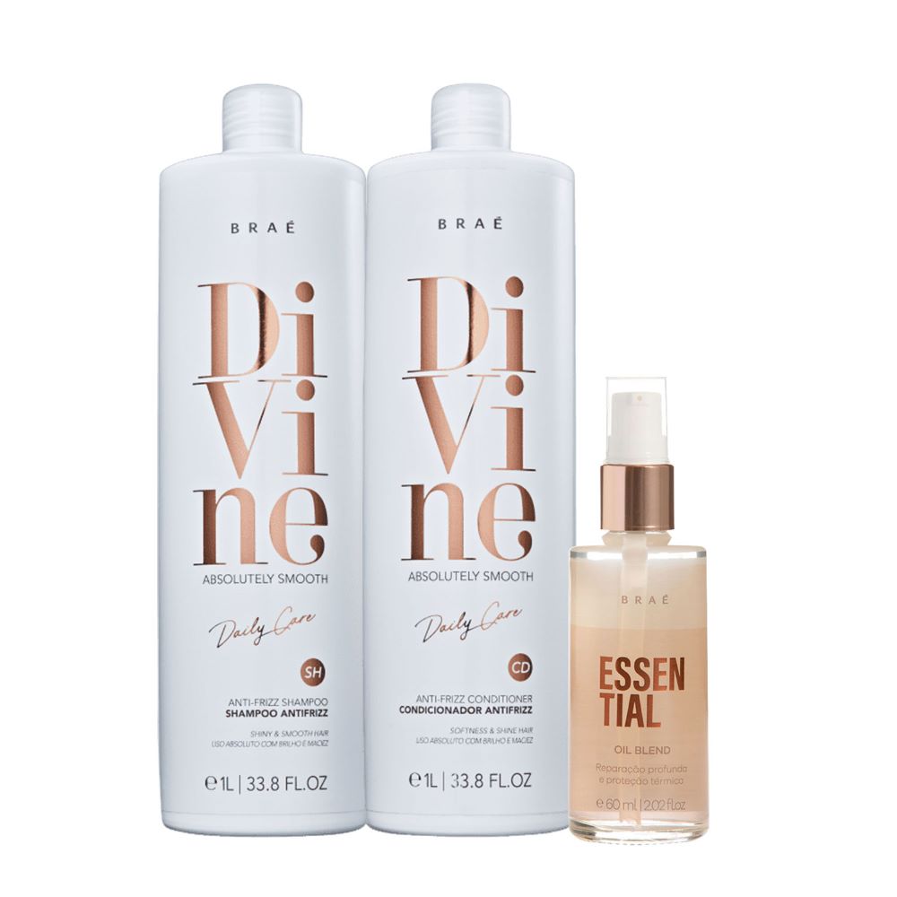 Kit Braé Shampoo Divine 1L + Condicionador Divine 1L+ Óleo Capilar Oil Essential Blend 60ml