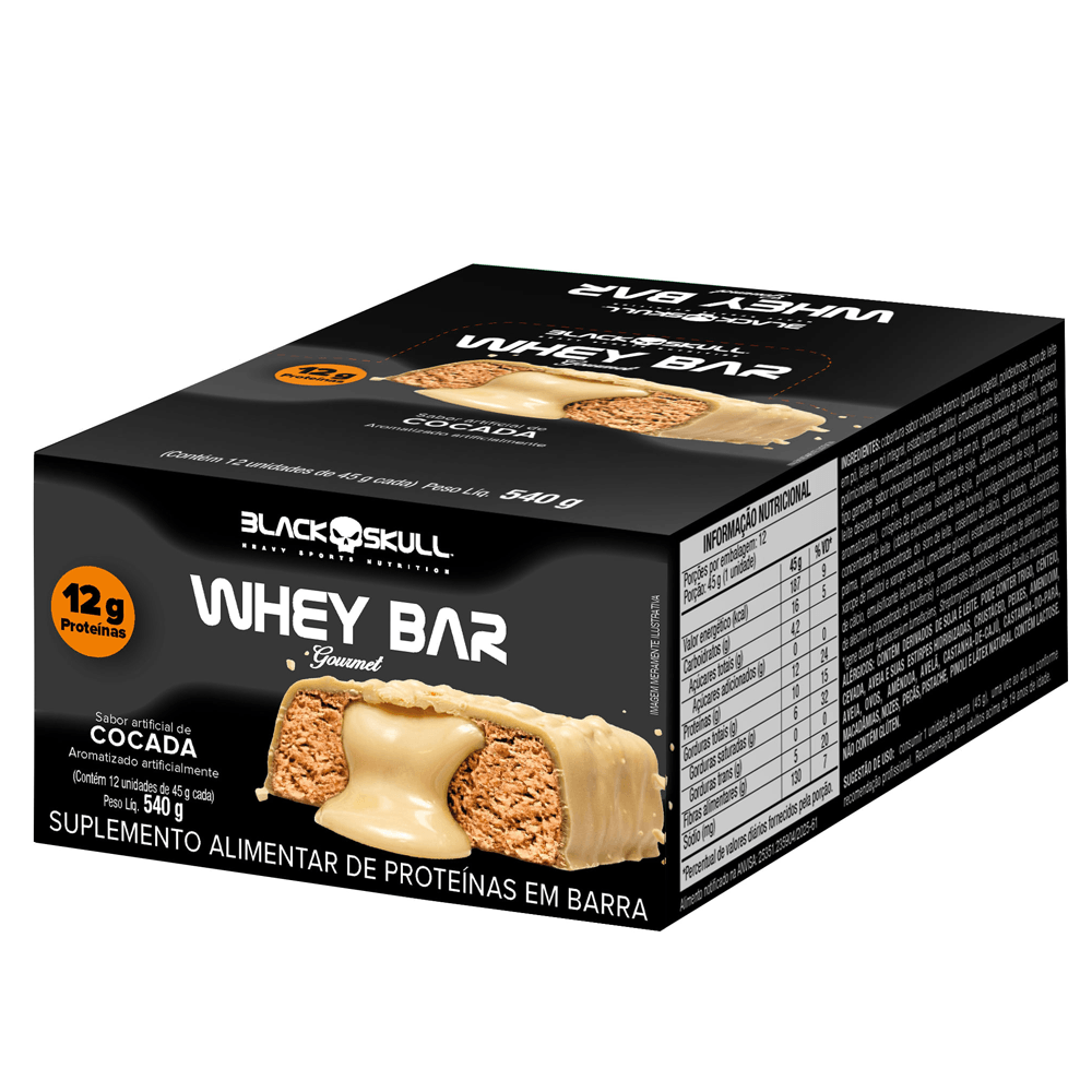 Kit 12 Barras de Proteína Whey Bar Gourmet Zero Black Skull Cocada