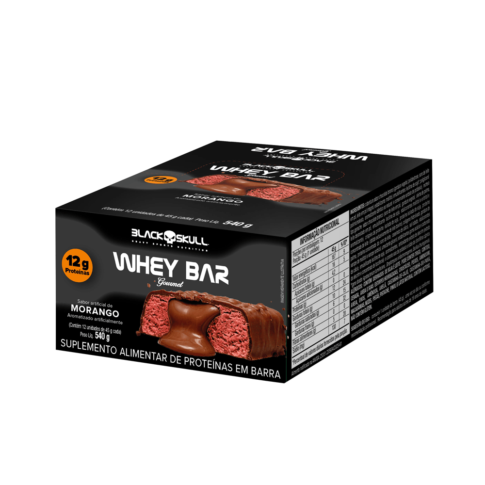 Kit 12 Barras De Proteína Whey Bar Gourmet Zero Black Skull Morango