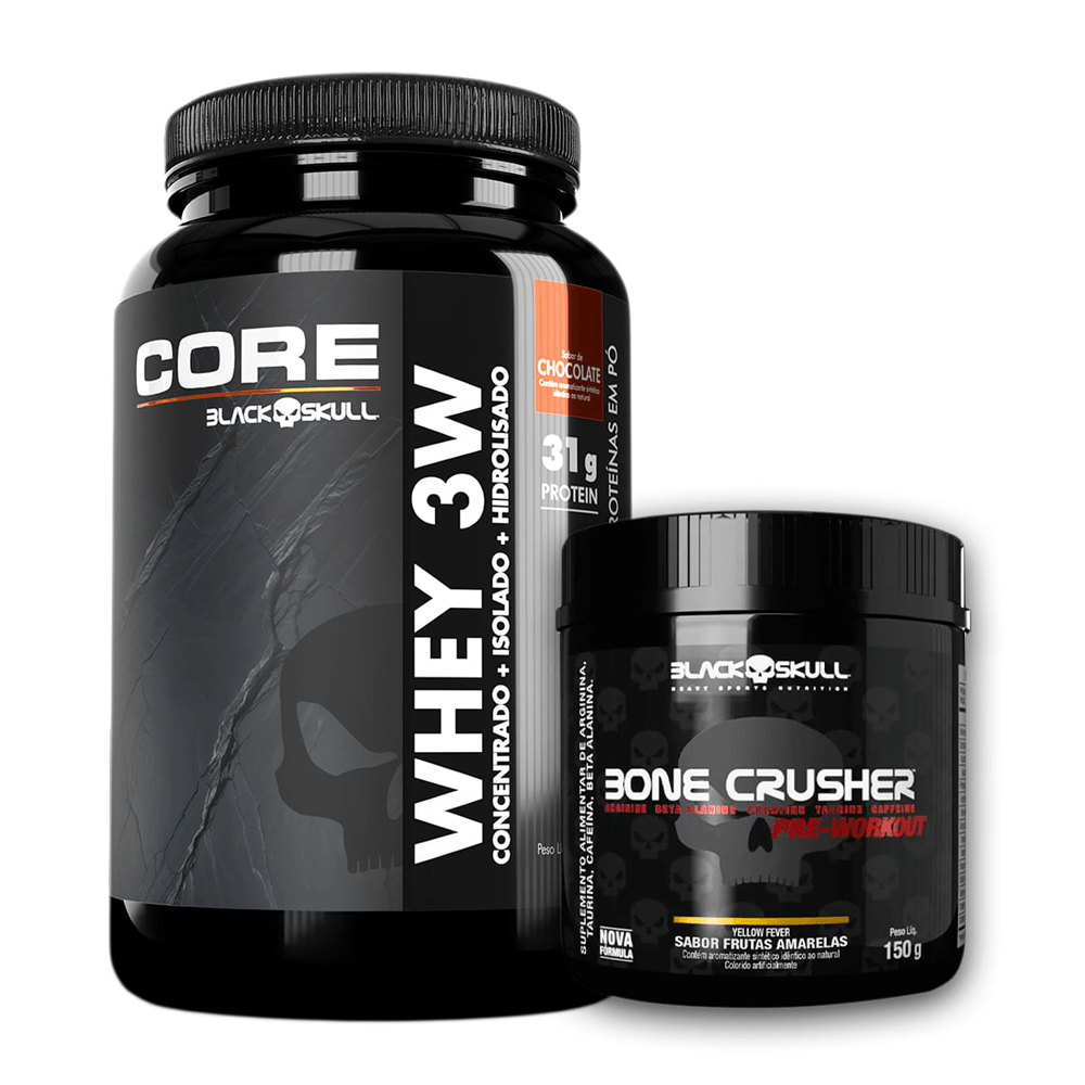 Kit Black Skull Whey 3W Core Chocolate 900g + Pré-treino Bone Crusher Frutas Amarelas 150g