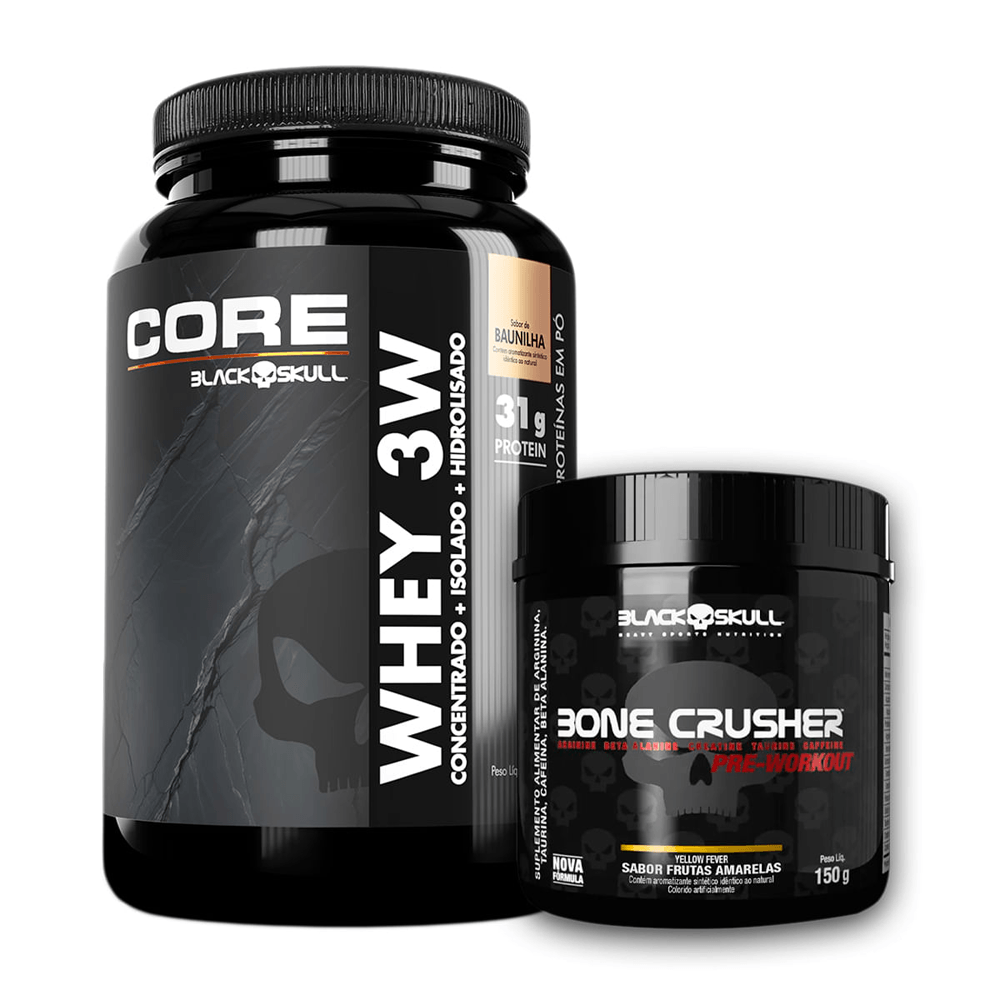 Kit Black Skull Whey 3W Core Baunilha 900g + Pré-treino Bone Crusher Frutas Amarelas 150g