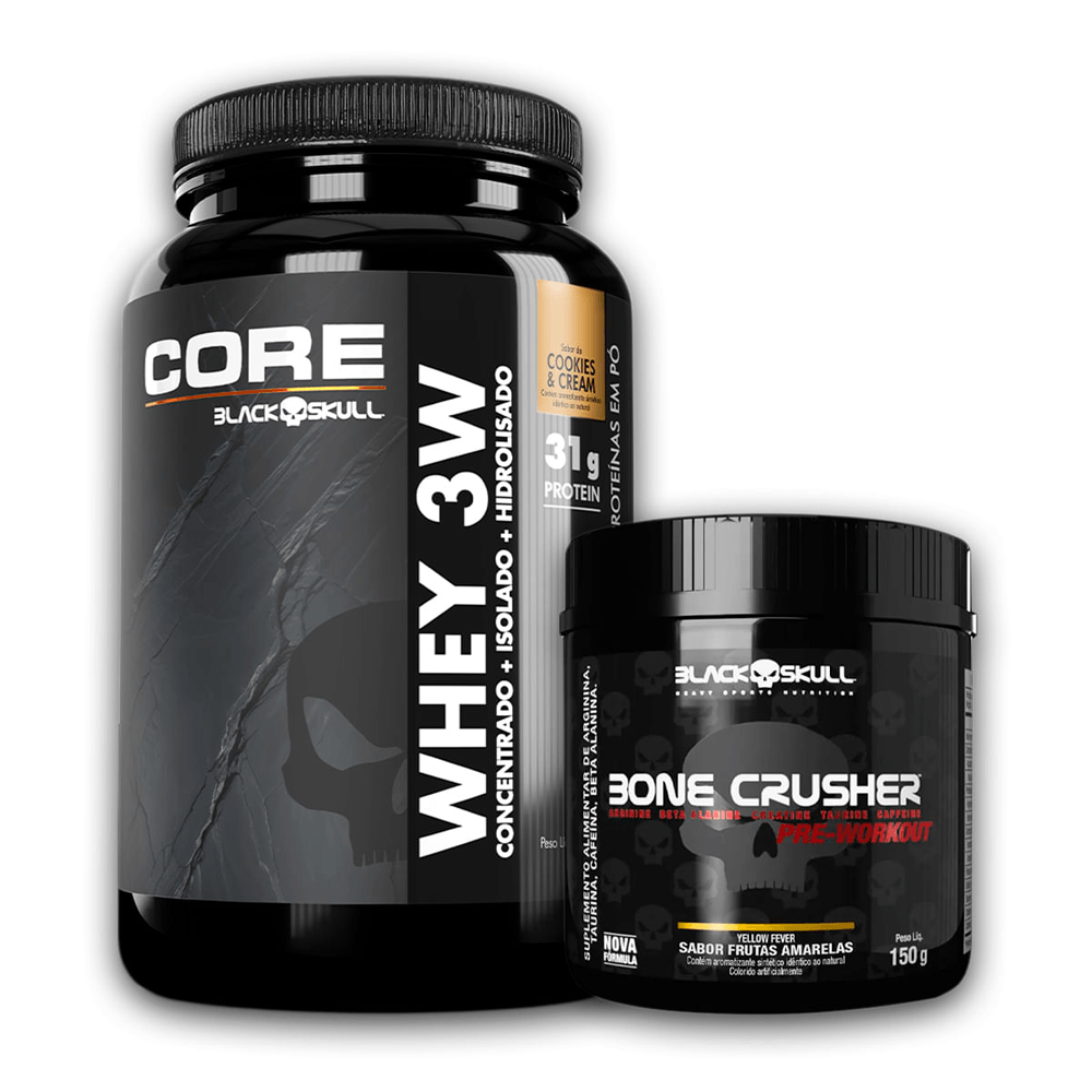 Kit Black Skull Whey 3W Core Cookies & Cream 900g + Pré-treino Bone Crusher Frutas Amarelas 150g
