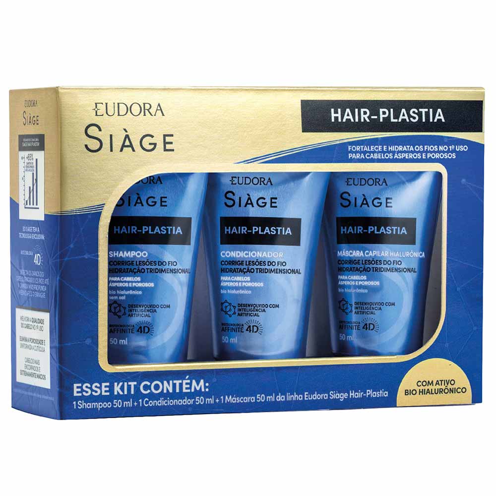 Kit Eudora Siage Shampoo 50ml + Condicionador 50ml + Máscara Hair Plastia 50ml