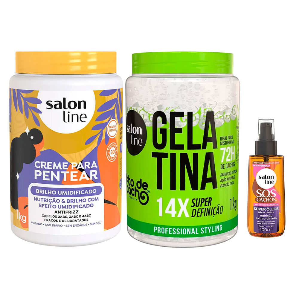 Kit Salon Line Creme Para Pentear Brilho Umidificado 1kg + Gelatina #todecacho Super Definição 1kg + Óleo Capilar Sos Super Óleos 100ml