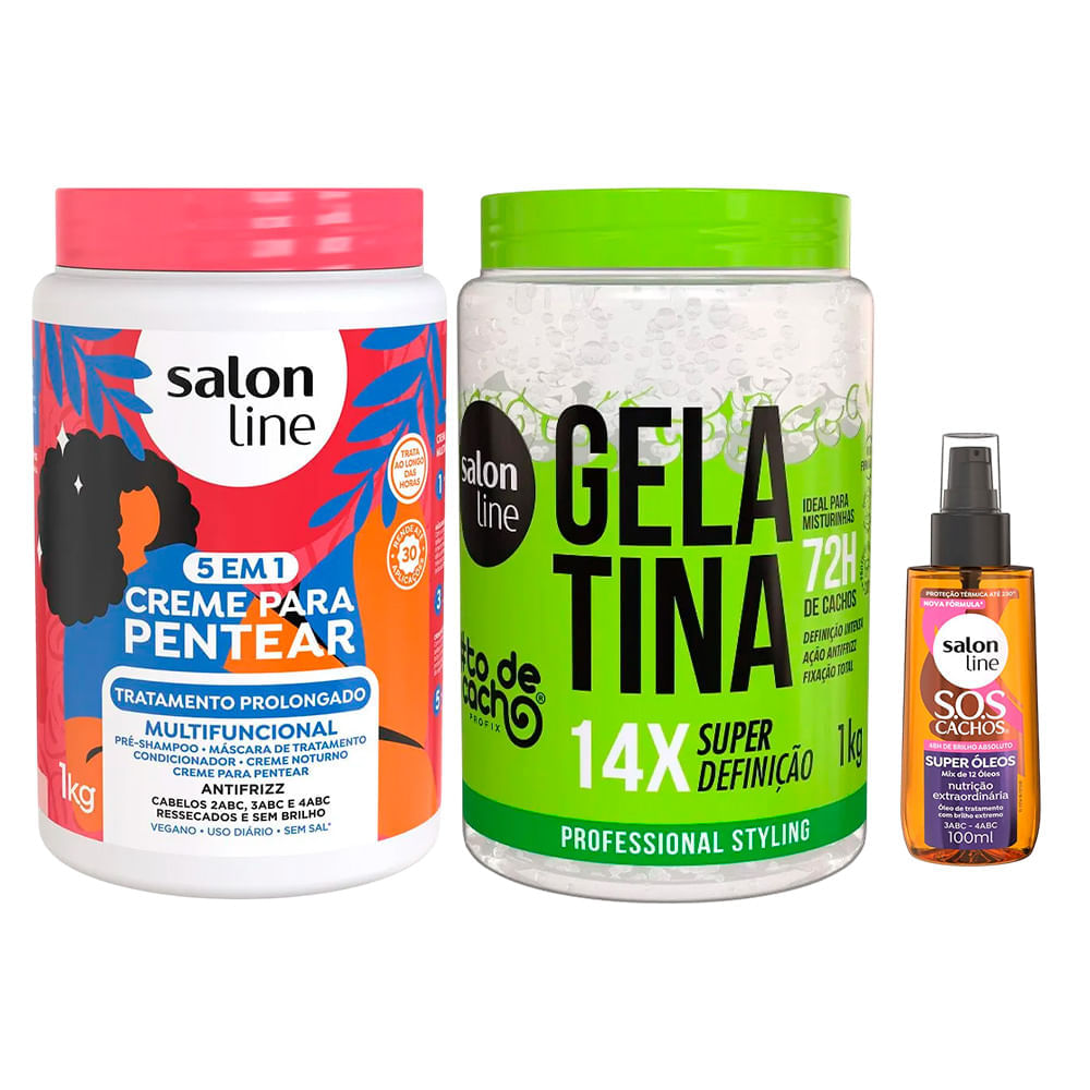 Kit Salon Line Creme De Pentear 5 Em 1 1kg + Gelatina #todecacho Super Definição 1kg + Óleo Capilar Sos 100ml