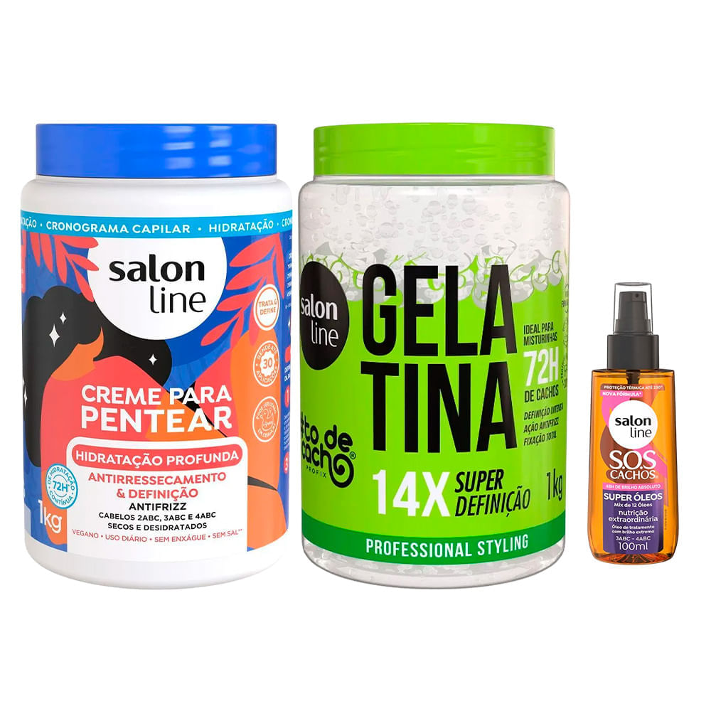 Kit Salon Line Creme Para Pentear 1kg + Gelatina #todecacho Super Definição 1kg + Óleo Capilar Sos Super Óleos 100ml