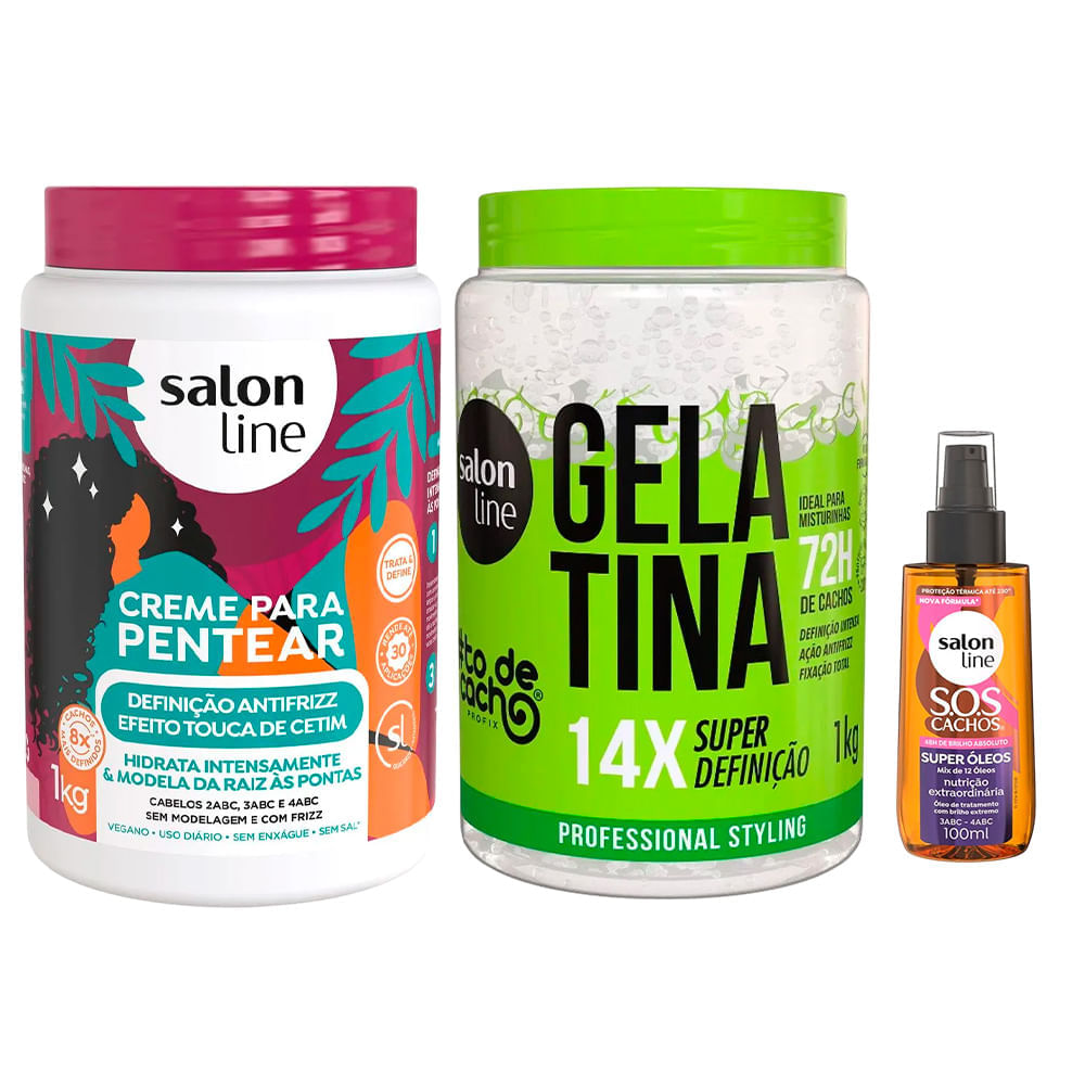 Kit Salon Line Creme Para Pentear Antifrizz 1kg + Gelatina #todecacho Super Definição 1kg + Óleo Capilar Sos 100ml