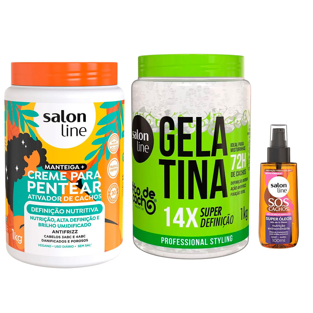 Kit Salon Line Creme Para Pentear 1kg + Gelatina #todecacho Super Definição 1kg + Óleo Capilar Sos Super Óleos 100ml