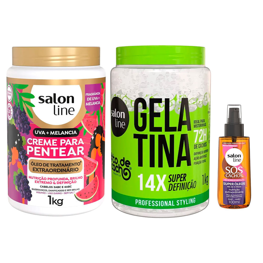 Kit Salon Line Creme Para Pentear Uva + Melancia 1kg + Gelatina #todecacho Super Definição 1kg + Óleo Capilar Sos 100ml