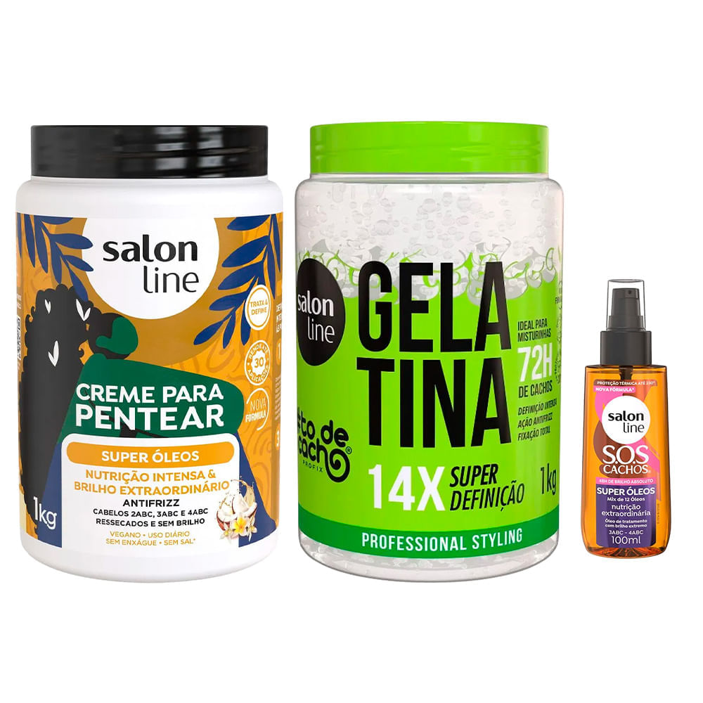 Kit Salon Line Creme Para Pentear Super Óleos 1kg + Gelatina #todecacho Super Definição 1kg + Óleo Capilar Sos 100ml
