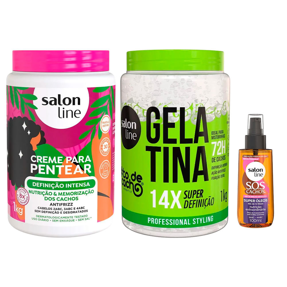 Kit Salon Line Creme Para Pentear Definição Intensa 1kg + Gelatina #todecacho 1kg + Óleo Capilar Sos 100ml