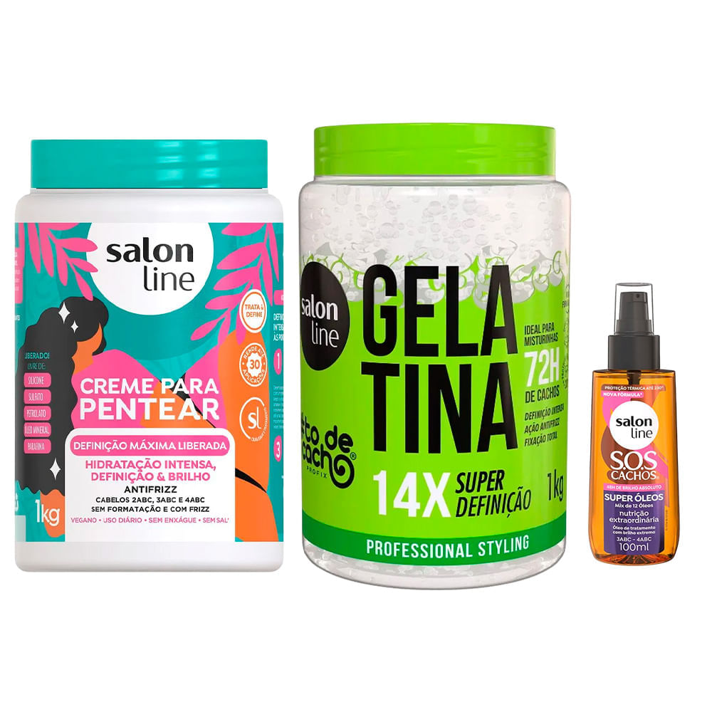 Kit Salon Line Creme Para Pentear Definição Máxima Liberado 1kg + Gelatina #todecacho 1kg + Óleo Capilar Sos 100ml