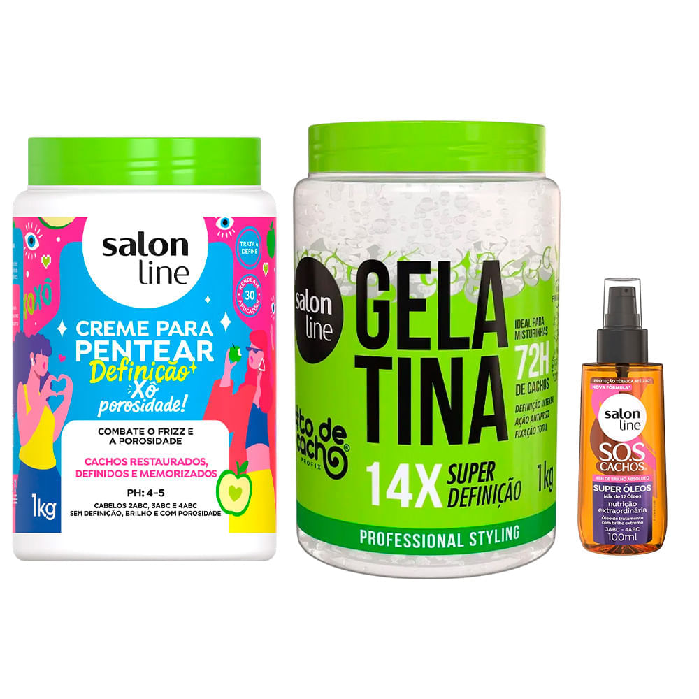 Kit Salon Line Creme Para Pentear Xô Porosidade! 1kg + Gelatina #todecacho Super Definição 1kg + Óleo Capilar Sos 100ml