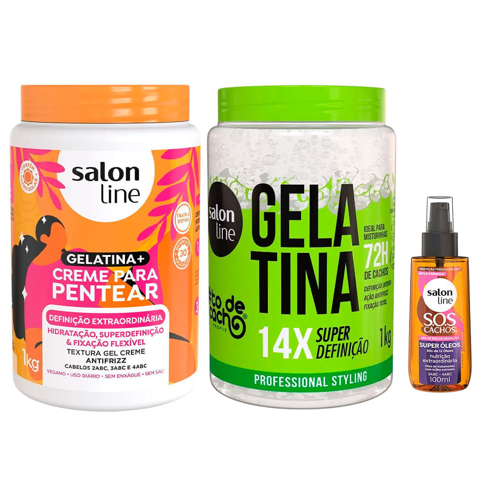 Kit Salon Line Creme De Pentear Gelatina Definição Extraordinária 1kg + Gelatina #todecacho 1kg + Óleo Capilar Sos 100ml