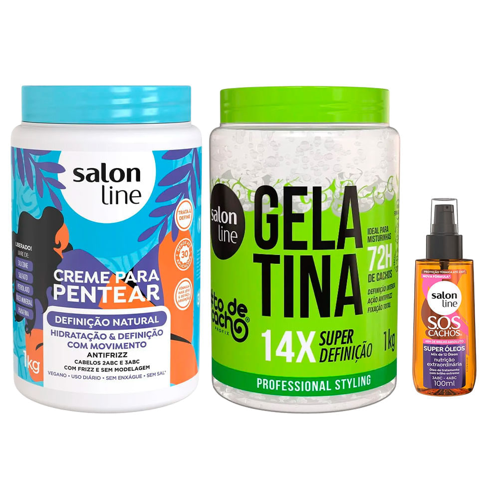 Kit Salon Line Creme Para Pentear Definição Natural 1kg + Gelatina #todecacho 1kg + Óleo Capilar Sos 100ml