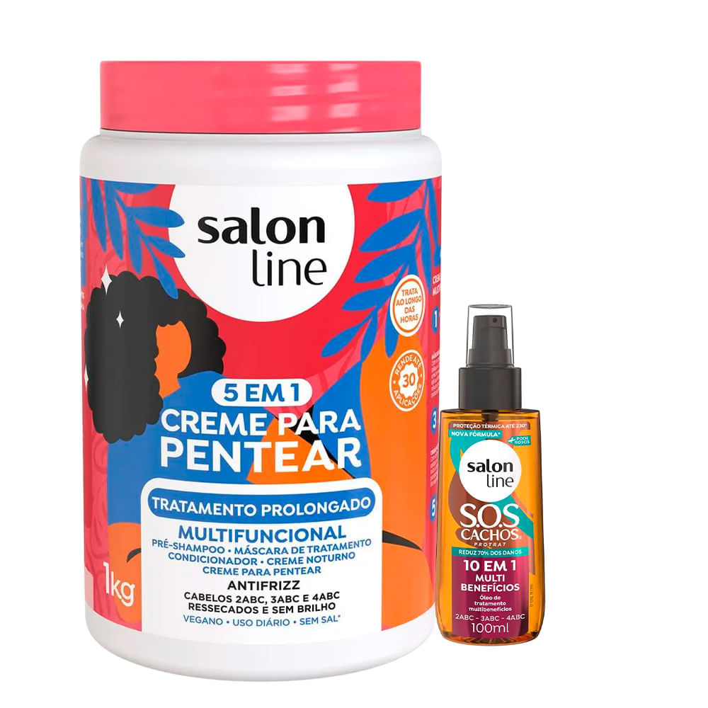 Kit Salon Line Creme De Pentear Tratamento Prolongado 1kg + Óleo Capilar Sos 10 Em 1 100ml