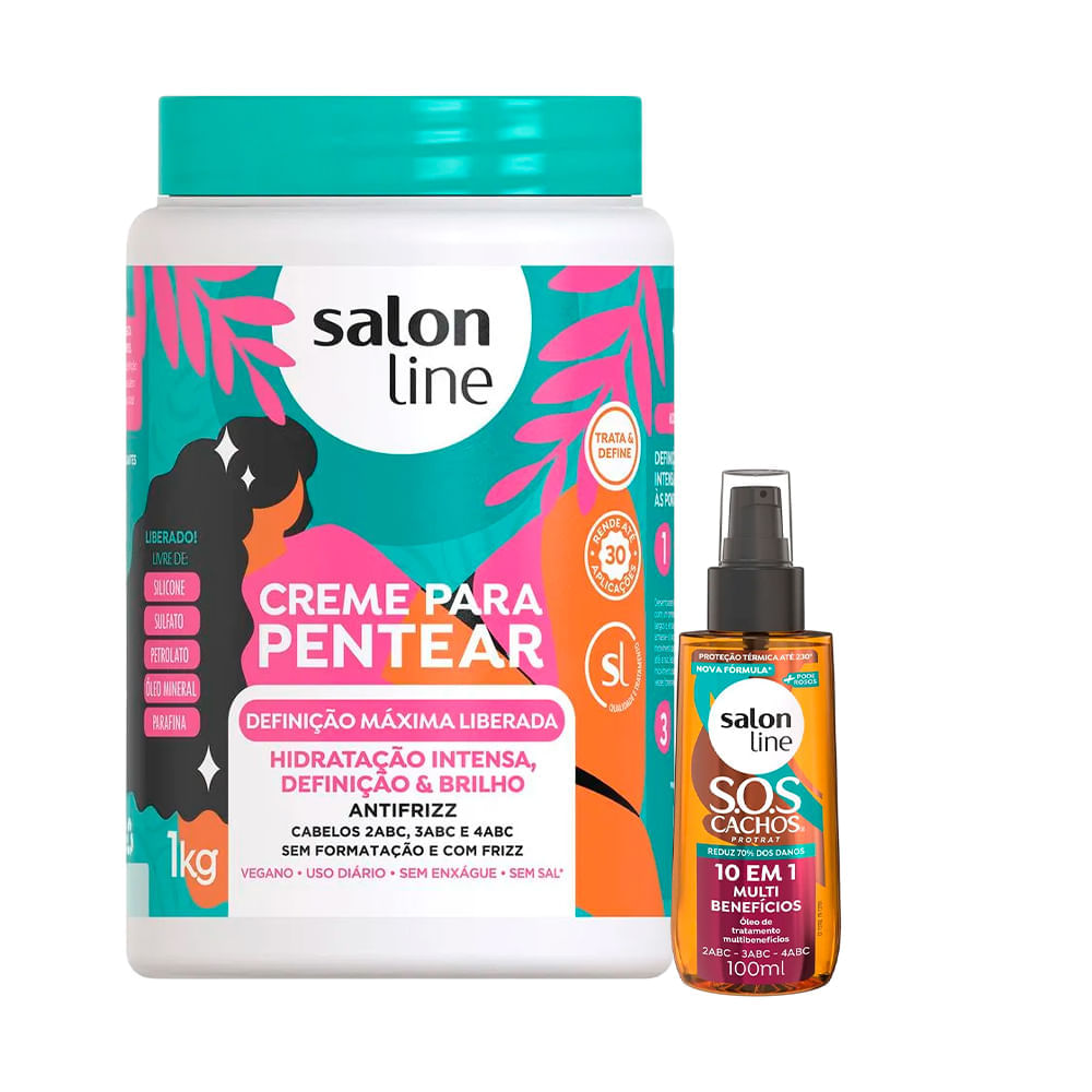 Kit Salon Line Creme De Pentear Definição Máxima Liberada 1kg + Óleo Capilar Sos 10 Em 1 100ml