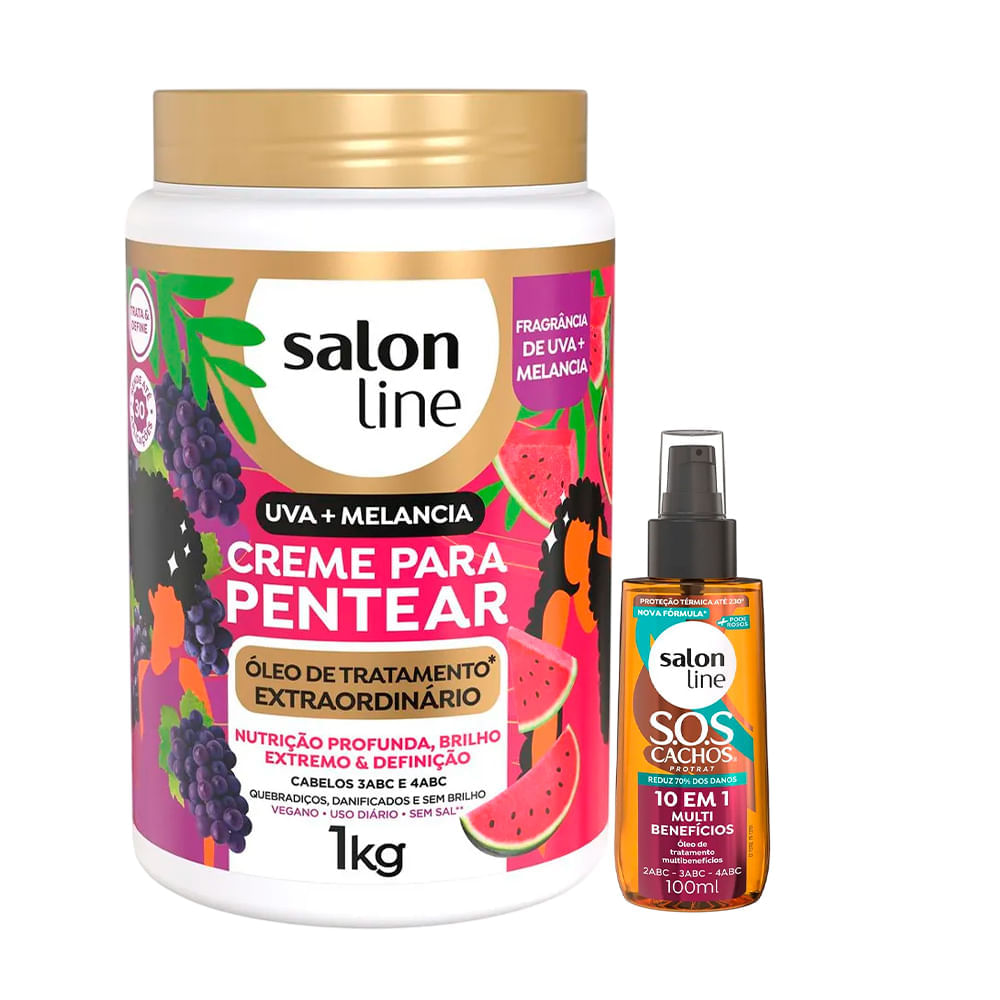 Kit Salon Line Creme De Pentear Uva + Melancia Óleo De Tratamento Extraordinário 1kg + Óleo Capilar Sos 10 Em 1 100ml