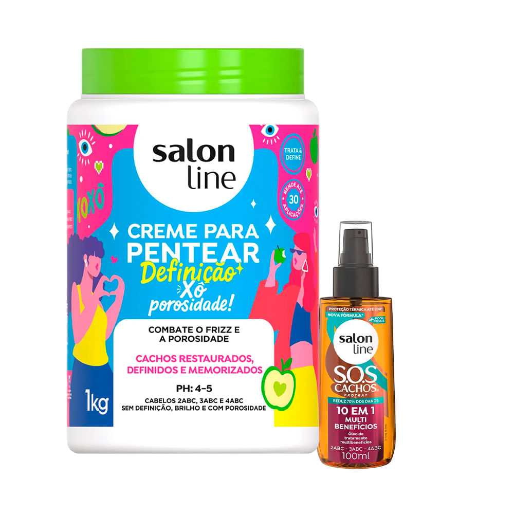 Kit Salon Line Creme De Pentear Definição E Selagem Máxima 1kg + Óleo Capilar Sos 10 Em 1 100ml
