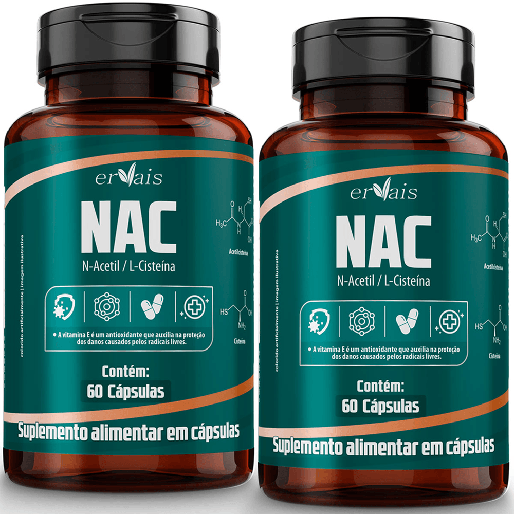 Kit 2 NAC N-Acetil L-Cisteína N-Acetyl Cysteine Ervais 60 Cápsulas