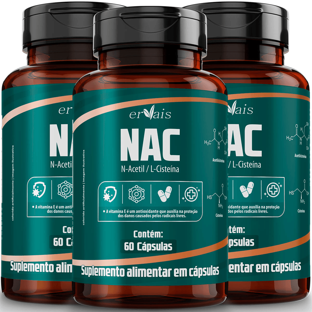 Kit 3 NAC N-Acetil L-Cisteína N-Acetyl Cysteine Ervais 60 Cápsulas