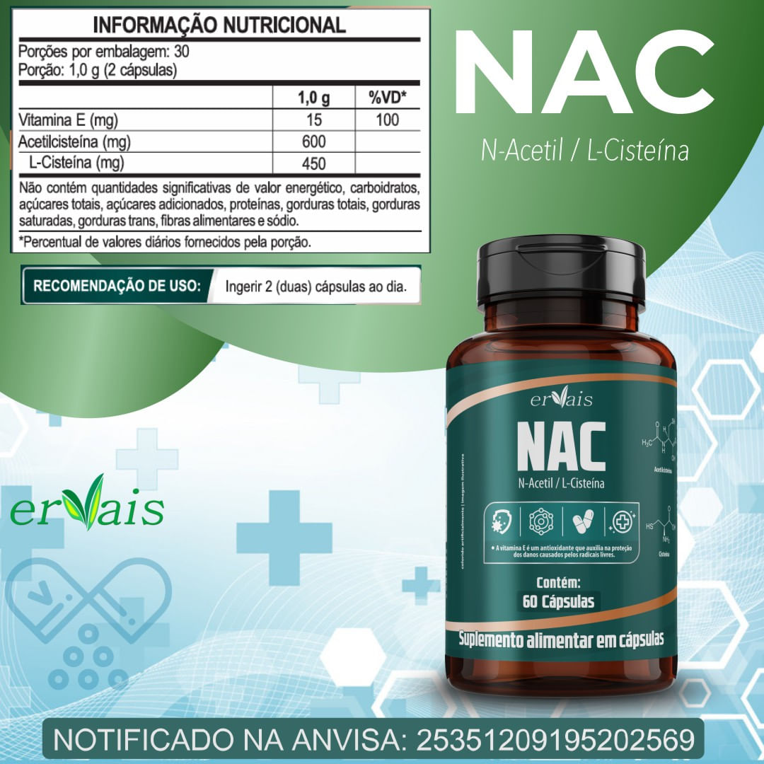 Kit 3 NAC N-Acetil L-Cisteína N-Acetyl Cysteine Ervais 60 Cápsulas