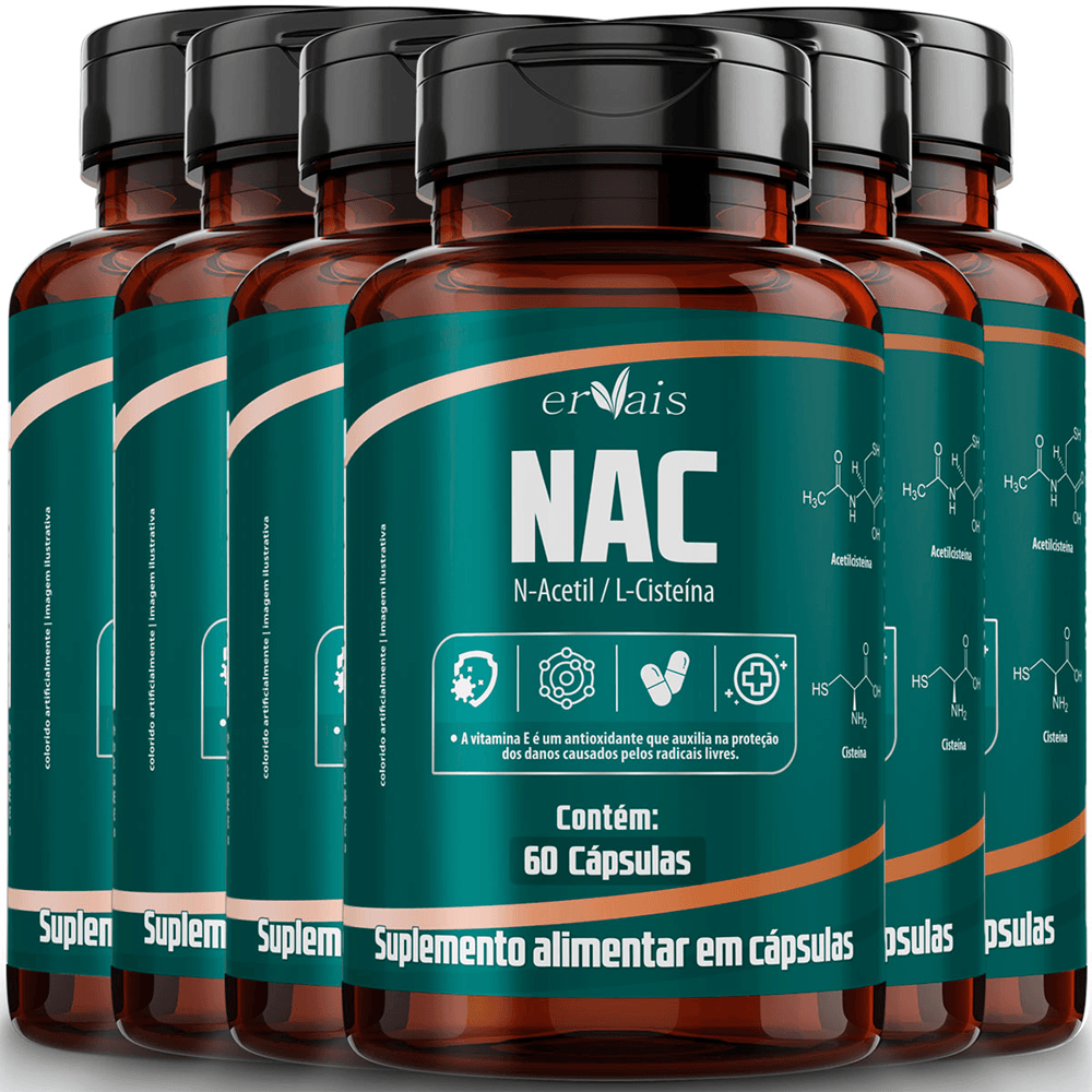 Kit 6 NAC N-Acetil L-Cisteína N-Acetyl Cysteine Ervais 60 Cápsulas