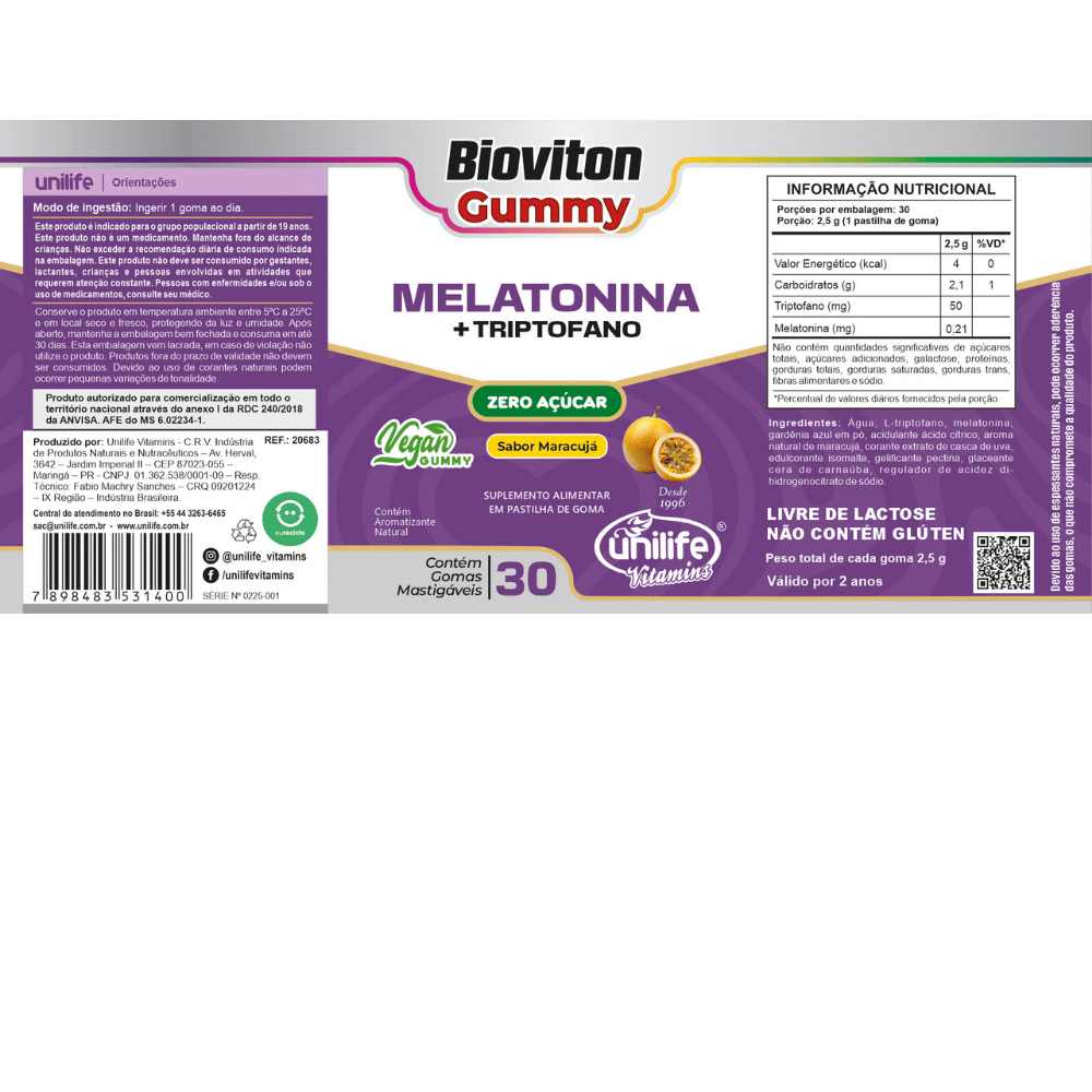 Melatonina + Triptofano Gummy Sabor Maracujá 2500mg Unilife 30 Gomas