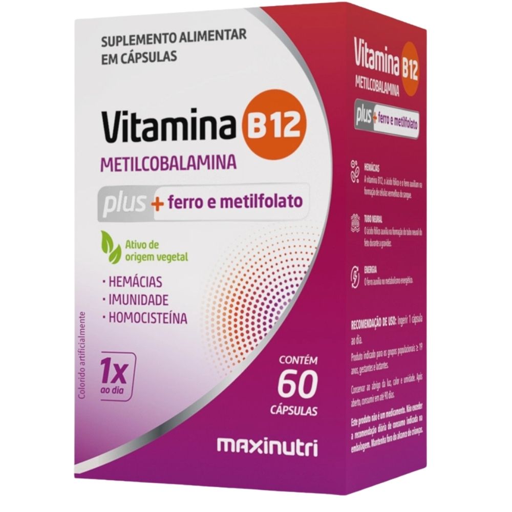 Vitamina B12 PLUS Metilcobalamina + Ferro + Ácido Fólico Maxinutri 60 Cápsulas