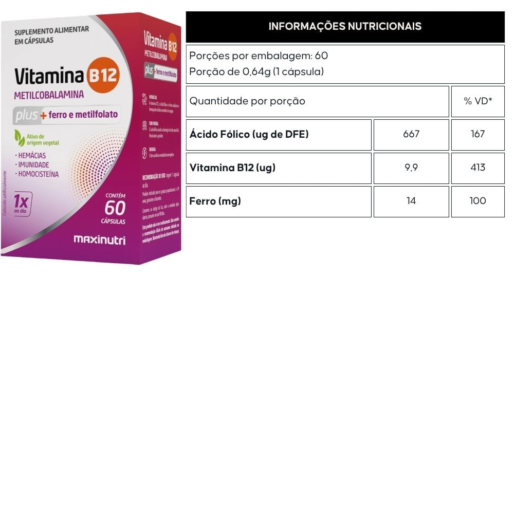 Vitamina B12 PLUS Metilcobalamina + Ferro + Ácido Fólico Maxinutri 60 Cápsulas