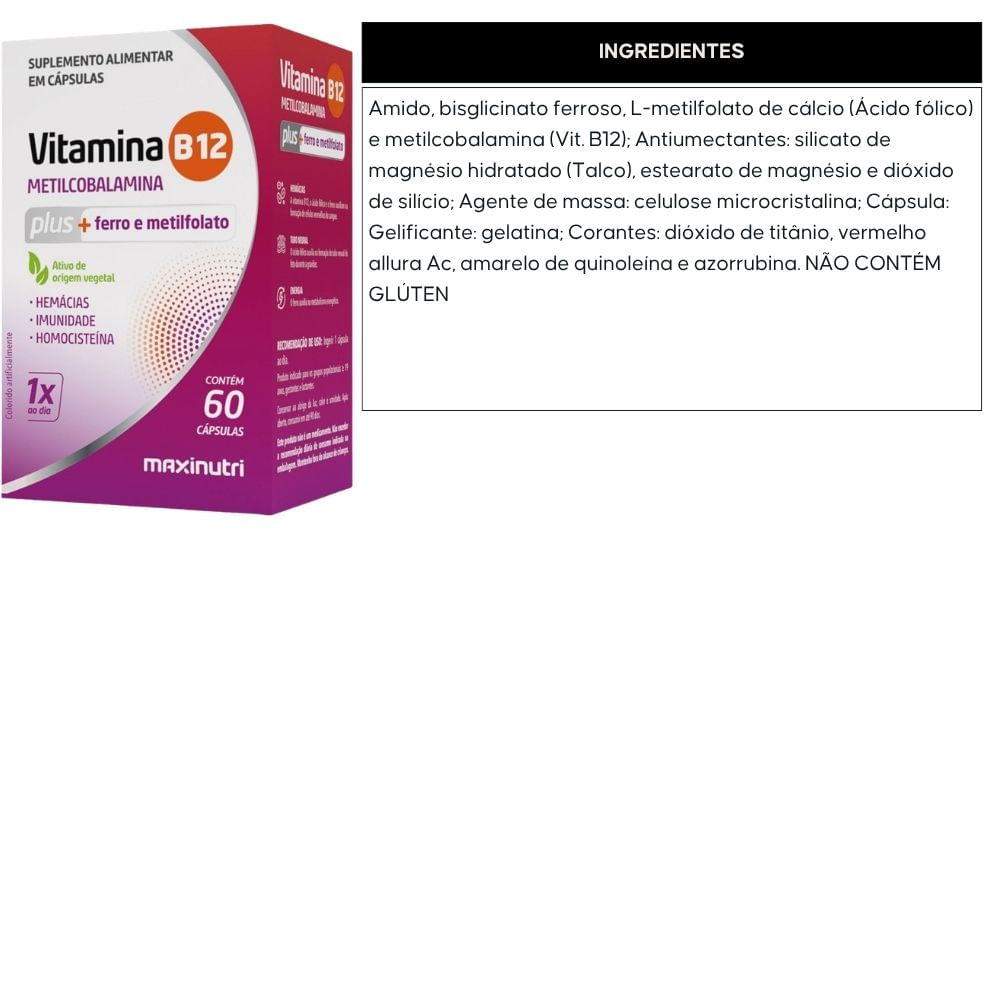 Vitamina B12 PLUS Metilcobalamina + Ferro + Ácido Fólico Maxinutri 60 Cápsulas