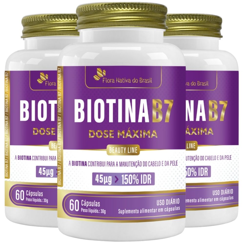 Kit 3 Biotina Vitamina B7 Flora Nativa 60 Cápsulas