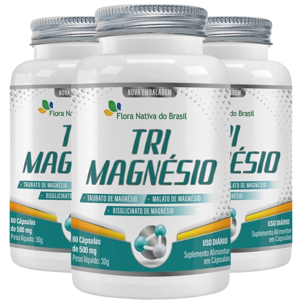Kit 3 Tri Magnésio Taurato, Malato E Bisglicinato Flora Nativa 60 Cápsulas