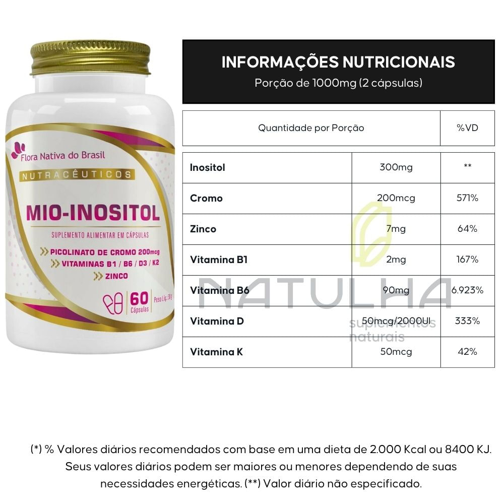 Kit 3 Mio-Inositol + Vitaminas 500mg Flora Nativa 60 cápsulas
