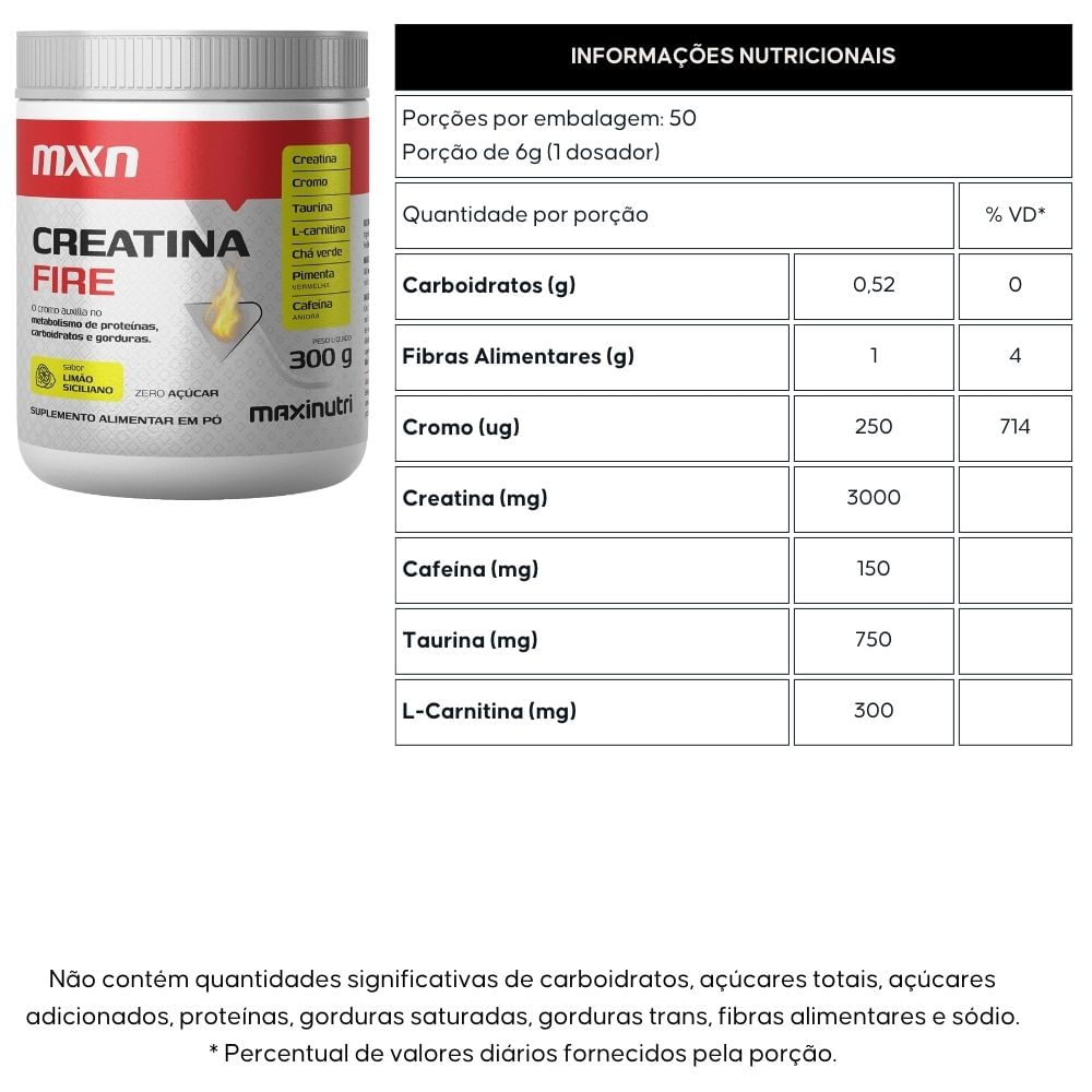 Creatina Fire Cromo, Cafeína, Taurina, Chá Verde e L-Carnitina Maxinutri Limão Siciliano 300g
