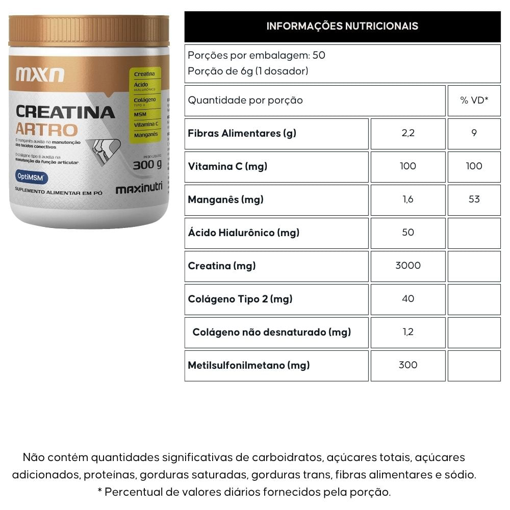 Creatina Artro Colágeno Tipo 2, Ácido Hialurônico, MSM, Vitamina C e Manganês Maxinutri 300g
